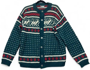 Vintage 90s Dale Of Norway Cardigan Sweater Mens M Green Red Wool Reindeer - Picture 1 of 14