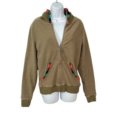 Roxy Hoodie Sweater XL Khaki Embroidered Pocket Knit Full zip front cardigan - Image 1 of 4