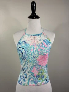 Lilly Pulitzer Girls Tankini Top 12 Blue Pink Coral Reef Halter UPF 50 - Picture 1 of 4