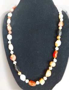 POLIERTER Naturstein Multi FORM GRÖSSE Farbe Messing Perlen 34" HALSKETTE Vintage - Bild 1 von 13