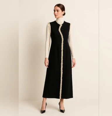 PEARL by Lela Rose Black Sleeveless Fringe Trim Mock-Neck Midi Dress Size 12 - Image 1 of 4