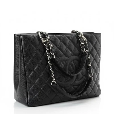 Chanel GST Black Caviar Leather Tote – Silver Hardware, Quilted Chain Shoulder - Image 1 of 4