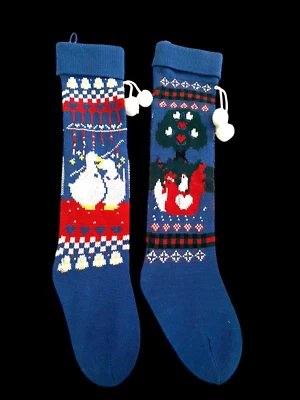 Vintage Christmas Stockings Pair Blue Country Geese Goose Ducks Chickens Set 2 - Image 1 of 4