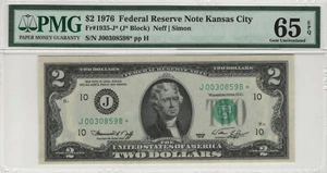 1976 $2 FEDERAL RESERVE STAR NOTE KANSAS CITY FR.1935-J* PMG GEM UNC 65 EPQ - Picture 1 of 3