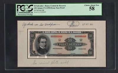 El Salvador Face Essay 10 Colones 17-3-1954 P88 Proof About Uncirculated - Image 1 of 2