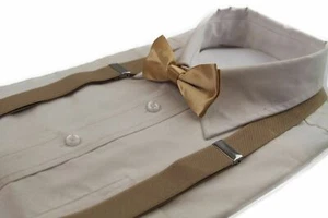 Boys Gold Matching Bow Tie + Suspender Set Latte Kids Unisex Dress Up Cream New - Picture 1 of 3