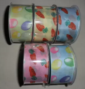 5 New Rolls of Easter Themed Sheer Ribbon in Pastel Colors with Eggs or Carrots - Picture 1 of 3