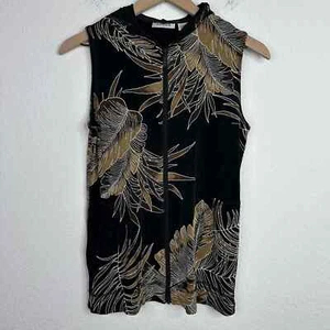 Chicos Travelers Sweater Women's 0/Small Black Palm Leaf Hooded Sleeveless Vest - Picture 1 of 8
