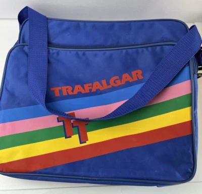 Vintage Trafalgar 1980's Blue Nylon Messenger Rainbow Travel Bag With Bag Tags - Image 1 of 4