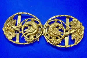 Flower Leaf Floral Openwork Interlocking Two Piece Antique Gold Tone Belt Buckle - Picture 1 of 19