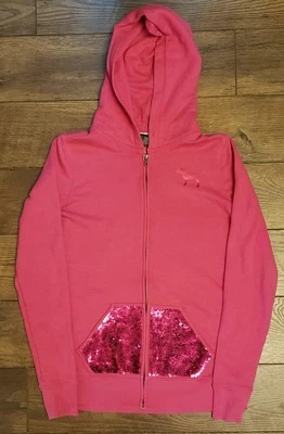 Victorias Secret 2010 rosa talla pequeña cremallera completa sudadera con capucha bolsillos de lentejuelas brillantes  Foto 1 de 4