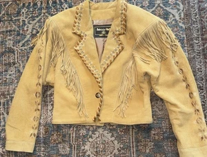 Fringe Western Patricia Wolf Yellow Buckskin Hand Painted Jacket Size Medium - Picture 1 of 12
