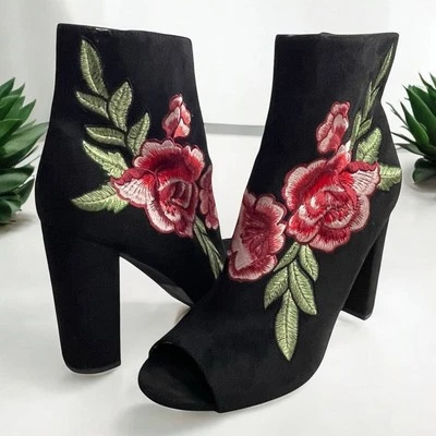 Wild Diva Negro Imitación Gamuza Rosa Bordado Botines Tacones - Para Mujer Talla 9 Foto 1 de 4