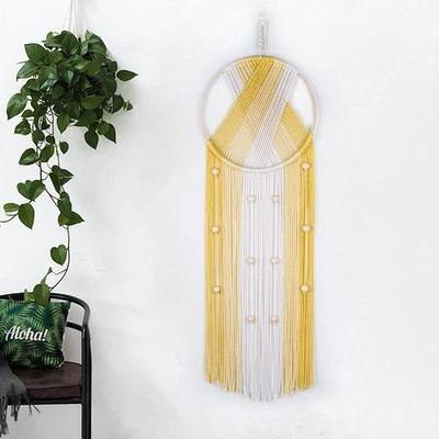 Tapiz de algodón tejido a mano para colgar en la pared de macramé amarillo boho con boa de madera... Foto 1 de 4