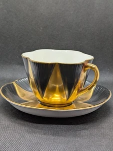 Vintage Shelley Harlequin #11777 Black With Gold Petals Dainty Cup & Saucer - Picture 1 of 7