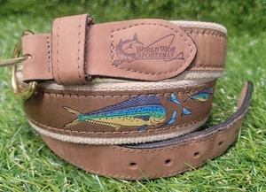 World Wide Sportsman Dolphin Fish Mahi Ribbon Belt Solid Brass Sz 36 Made In USA - Picture 1 of 16