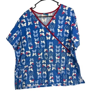 Lot of 2 Scrub Tops XL Butterflies Scrub HQ, Blue Landau Workwear Butterflies - Picture 1 of 6