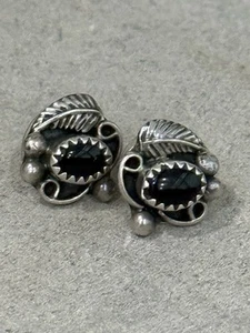 Native American Squash Blossom Onyx And Sterling Earrings  - Picture 1 of 8