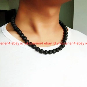 Men Necklace 6mm 8mm Black Volcanic Lava Stone Choker Rock Beads Chains Necklace - Picture 1 of 12