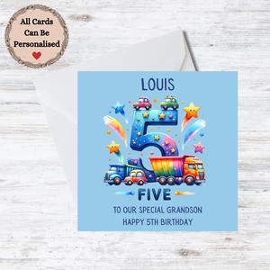 Personalisierte Karte 5. Geburtstag Enkel LKW & PKW personalisierbar Name - Bild 1 von 1