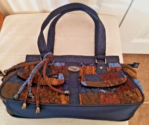 Donna Sharp Quilted Shoulder Handbag Purse Blue Brown Tassel Charm Trim - Picture 1 of 8