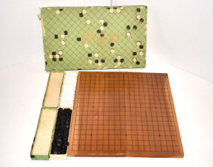 Vintage Japanese Go Board Game Set Black White Stone Wood Made In Japan W/Box