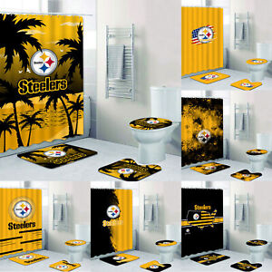 Pittsburgh Steelers Bath Rugs Set 4PCS Shower Curtain Non-slip Toilet Lid Cover