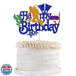 Cake Topper Buon Compleanno Immersioni - Torta Sportiva Subacquea Blu Glitter - Foto 1 di 5