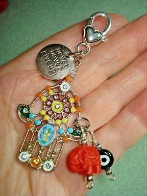 3 5/8" Hamsa "Never Never Give Up" Good Luck Elephant & Evil Eye Key Ring Glitz - Image 1 of 4