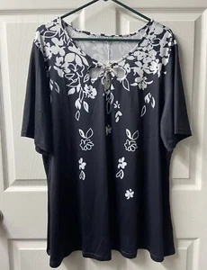 NWT Flycurvy Short Sleeved Blouse Womens Plus 3x Black Floral Print Round Neck - Picture 1 of 7