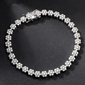 Full D VVS1 Moissanite Tennis Bracelet Flower Shape Chain 925 Sterling Silver - Picture 1 of 13