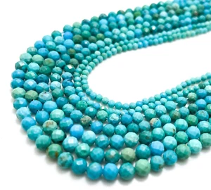 Natural Genuine Blue Hubei Turquoise Faceted Round Gemstone Beads RNF103 - Picture 1 of 3