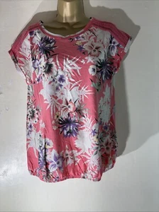 Womens Next Uk 14 Coral Pink Floral Print Cap Sleeve Crew Neck Jersey T-shirt - Picture 1 of 5