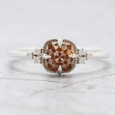1.27 Ct Cushion Cut Brown Color Diamond Ring 14K White Gold Engagement Gift Ring - Image 1 of 4