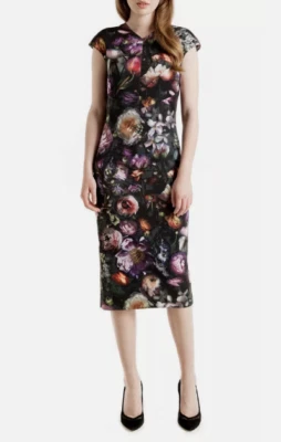 Vestido largo Ted Baker negro y púrpura floral raisie, talla mediana | 3 TB Foto 1 de 4