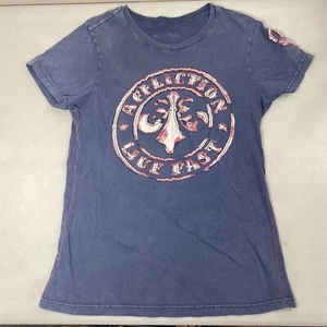 Affliction Live Fast Damen Applikation Stoff Logo blau und rot T-Shirt Gr. M �� - Bild 1 von 9