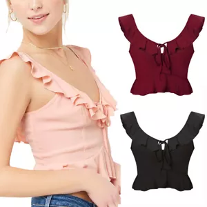 Women Cute Ruffle Strap V-Neck Backless Sleeveless Casual Short Tops Blouse Sexy - Picture 1 of 20