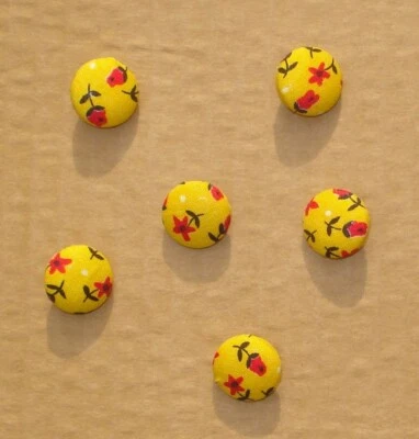 Set of 6 Yellow / Red Floral Fabric Covered Shank Buttons 3/4" Diameter - Image 1 of 3