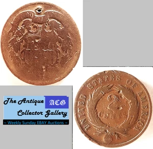 1865 US Copper Two Cent Piece 🪙 Civil War Era 🪙Antique🪙Hole - Picture 1 of 6
