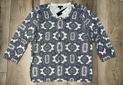 Cárdigan Suéter Estampado Geométrico Talbots Marfil Gris Marino Talla Grande NUEVO Foto 1 de 4