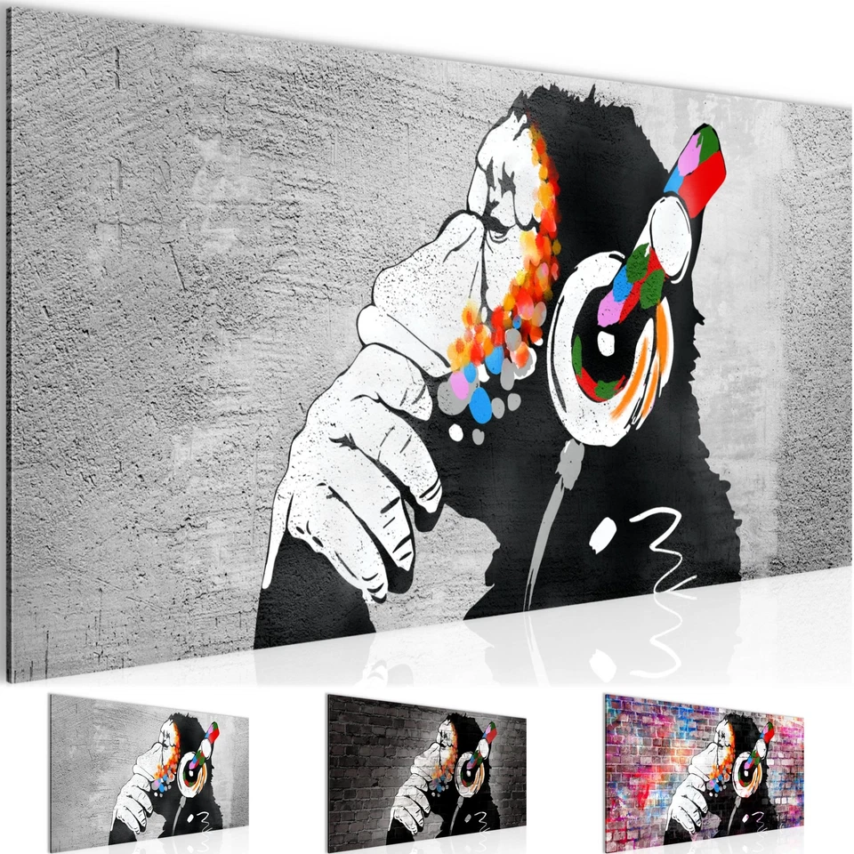 Bild Wohnzimmer Banksy Affe mit Kopfhörer Jugendzimmer Deko Wandbild 100x40 cm - Bild 1 von 1