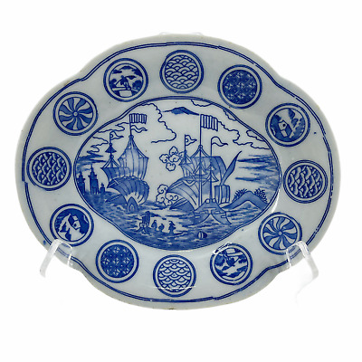 Vintage Antique Blue Transfer Plate Asian Design Sailing Ships Geometric Accents • 24.52$