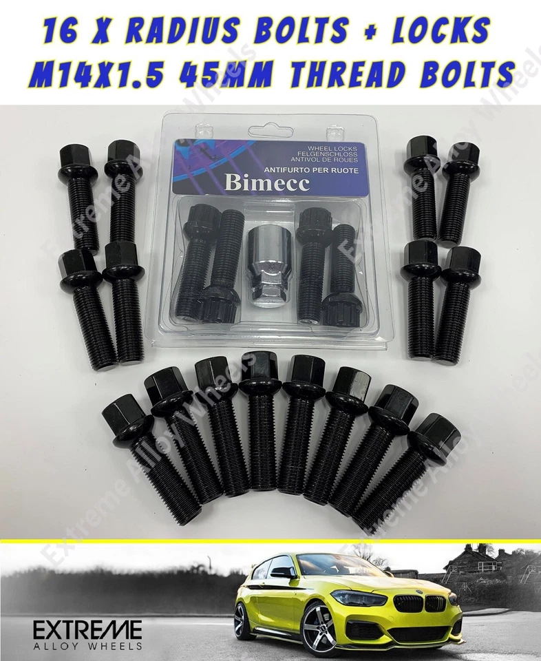 Pernos de rueda de aleación negros aptos para Volkswagen Golf todos 5 pernos M14x1.5 x 16 + cerraduras 45 mm Foto 1 de 1