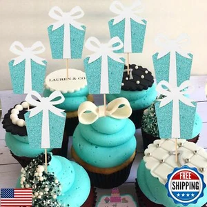 Breakfast at Tiffany’s Cupcake Topper - Tiffany Bow Birthday Cupcake Pick, Ba - Picture 1 of 5