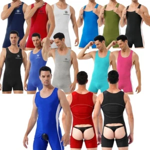 Men's Wrestling Singlet Bodysuit Crotchless Catsuit One-Piece Jumpsuit Unitards - Picture 1 of 83
