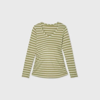 Ingrid & Isabel Maternity Size Medium Green Cream Stripe LS Shirred Sides NEW - Image 1 of 2