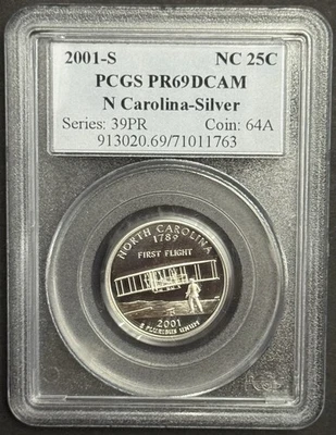 2001-S North Carolina 90% SILVER Washington Quarter ~PCGS PR69DCAM - Image 1 of 2