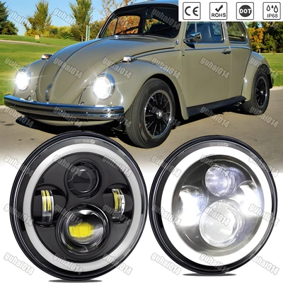7" inch Round LED Headlights Halo Pair Kit Hi/Low Beam for VW Beetle Classic - Image 1 of 4