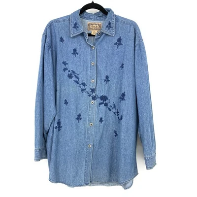 Vintage 90s Tantrum Blues Chambray Top Button Front Womens 1X Embroidered Front - Image 1 of 4