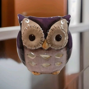 Ceramic Owl Tea Light Candle Holder Small Purple Tan Fall Autumn Home Decor - Picture 1 of 10